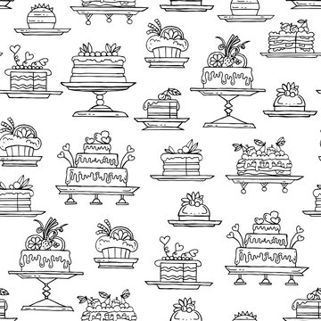 Vector seamless pattern with hand drawn isolated cakes on white color