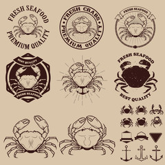 Set of the crab meat labels, emblems and design elements.