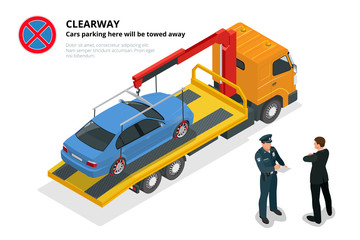 Isometric police fines car design flat isolated. 3D car on Tow truck, police officer traffic, policeman person fines, transportation driver fines, fines transport, sheriff fines guy security violation