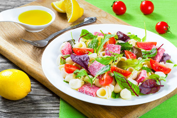 shell pasta delicious salad with mixed lettuce leaves, salami on
