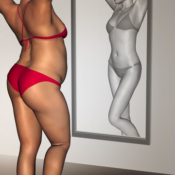 Conceptual 3D woman as fat vs fit underweight anorexic