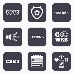 Programmer coder glasses. HTML markup language.