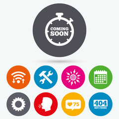 Coming soon icon. Repair service tool and gear.