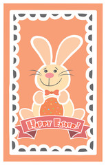 Easter Background with cute rabbit, colorful eggs and a chick