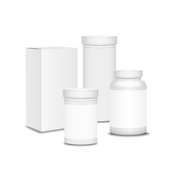 Blank set of plastic packaging bottles with box for pills, Vitamins or Capsules