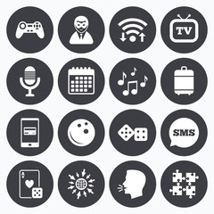 Entertainment icons. Game, bowling and puzzle.