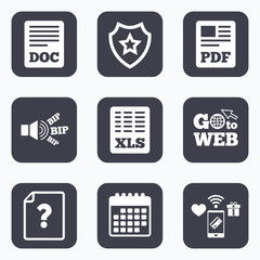 Document icons. XLS, PDF file signs.