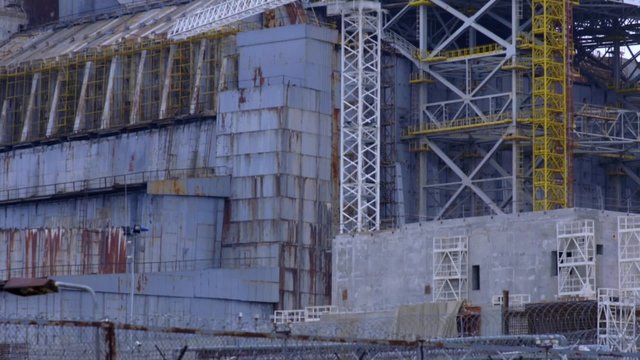 Construction on the destroyed reactor of the Chernobyl nuclear power plant.30 years after Chernobyl accident