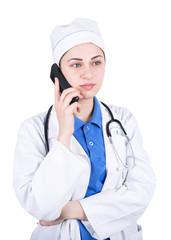 woman doctor holds up the phone