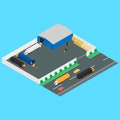 Vector illustration.  warehouse outside. Loading the truck from the warehouse. forklift loading boxes. Cars on the road.