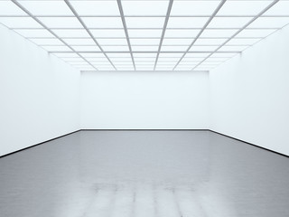 Photo blank white empty room contemporary gallery. Modern open space expo with concrete floor. Place for business information. Horizontal mockup. 3d Render