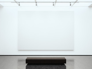 Photo blank white canvas holding contemporary gallery. Modern open space expo with concrete floor. Place for business information. Horizontal mockup. 3d Render