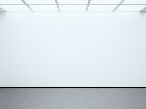 Photo blank white empty wall contemporary gallery. Modern open space expo with concrete floor. Place for business information. Horizontal mockup. 3d Render