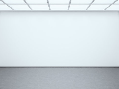 Photo white empty wall contemporary gallery. Modern open space expo with concrete floor. Place for business information. Horizontal mockup. 3d Render