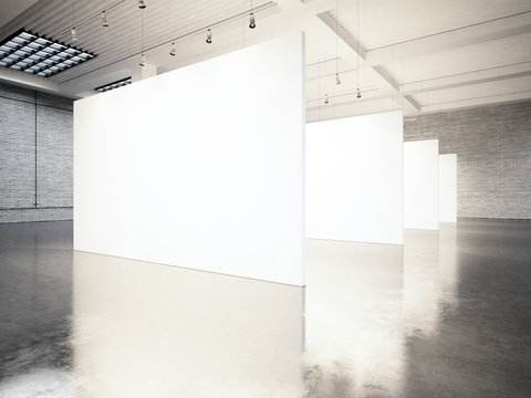 Photo exposition modern gallery,open space. Blank white empty canvas contemporary industrial place.Simply interior loft style with concrete floor,bricks walls.Place for business information. 3d Render