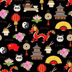 Vector seamless pattern with hand drawn colored symbols of China on black color