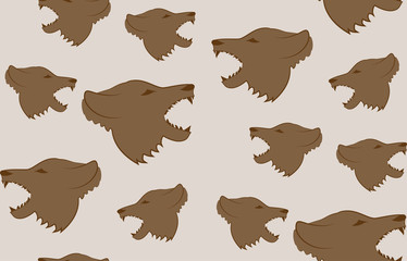 Vector seamless background of heads of wolves. Randomly scattered wolves