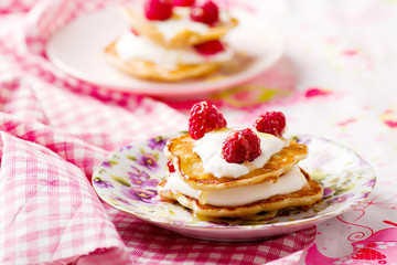 pancakes with sour cream and raspberry