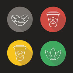 Coffee and tea flat linear long shadow icons set