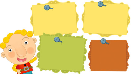 Cartoon happy boy presenting something on boards - isolated - illustration for children