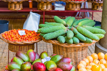 Baskets of neatly arranged fruit at farmers market