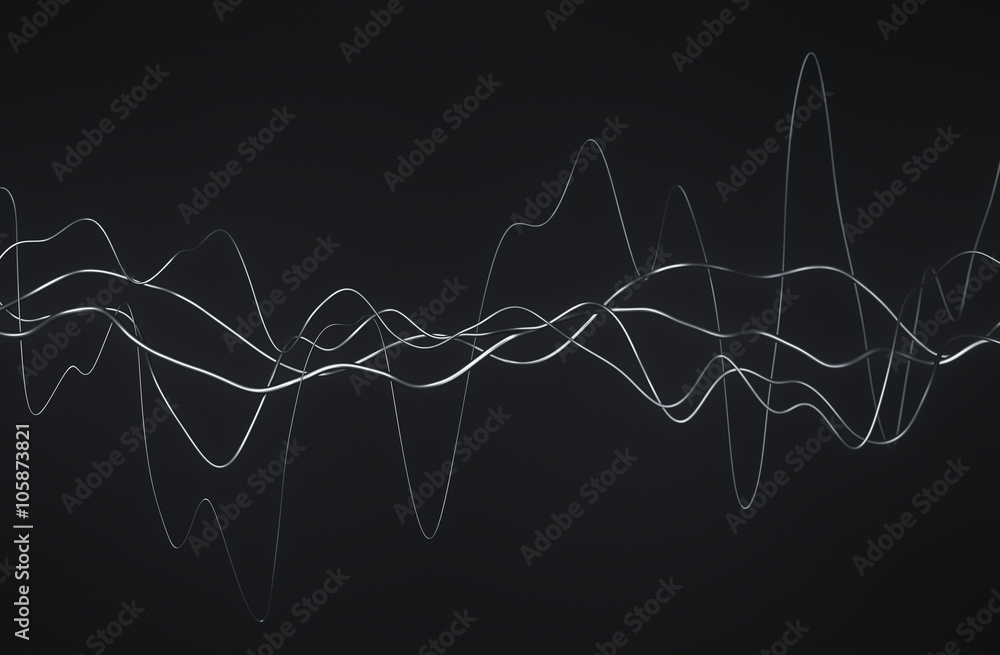 Poster abstract 3d rendering of glossy wavy lines. dark background with surreal waves in empty space. futur