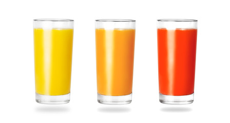 Glass of fresh orange multivitamin tomato juice on white background