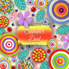 Summer deal. Offer tag, motivational background. Discount. Flowers made of acrylic, Watercolor, handmade, from original canvas art. Grunge paint banner with brush stroke effect. 3d shadows.
