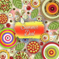 Summer deal. Offer tag, motivational background. Discount. Flowers made of acrylic, Watercolor, handmade, from original canvas art. Grunge paint banner with brush stroke effect. 3d shadows.