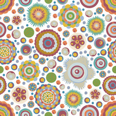 Fototapeta premium Seamless fantasy flower, plant vector pattern cheer up background. Made of acrylic, watercolor, handmade, from original canvas art. Grunge paint with brush stroke effect and scratches. 3d shadows. 