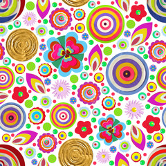 Seamless fantasy flower, plant vector pattern cheer up background. Made of acrylic, watercolor, handmade, from original canvas art. Grunge paint with brush stroke effect and scratches. 3d shadows. 