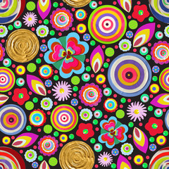 Seamless fantasy flower, plant vector pattern cheer up background. Made of acrylic, watercolor, handmade, from original canvas art. Grunge paint with brush stroke effect and scratches. 3d shadows. 