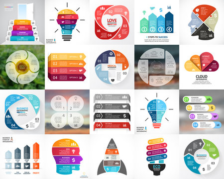 Vector circle infographics. Business diagrams, arrows graphs, blur linear presentations, idea cycle charts. Data options, parts, 4 steps. Bulb, brain, plus, eco, heart, lines, stairs, medical plus.