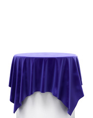 blue velvet cloth on a round pedestal isolated on white