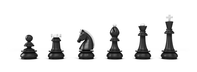 set of black wooden chess pieces isolated on white background