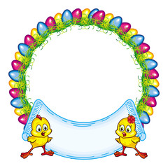 Obraz premium Round frame with cartoon chicken and Easter eggs