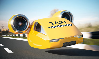 Fast yellow taxi car in motion on a highway. Taxicab driving at high speed on a motorway  - obrazy, fototapety, plakaty