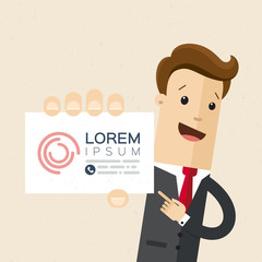 Businessman or manager. Illustration of business plan. A man in a suit shows a business card. Vector, EPS 10