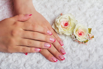 Red french nail art with flower