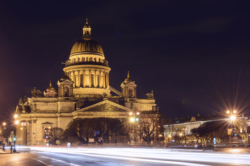 Fototapeta na wymiar View of St. Isaac's Cathedral at night, Saint-Petersburg