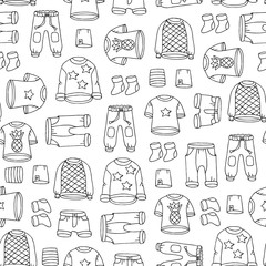 Vector seamless pattern with hand drawn isolated clothes for boys on white color