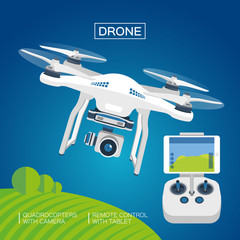 Drone or quadrocopter with camera and remote control  by tablet. White color, blue background. Illustration, vector EPS 10