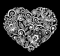 silhouette of heart lace flowers, leaves. Isolated on white.