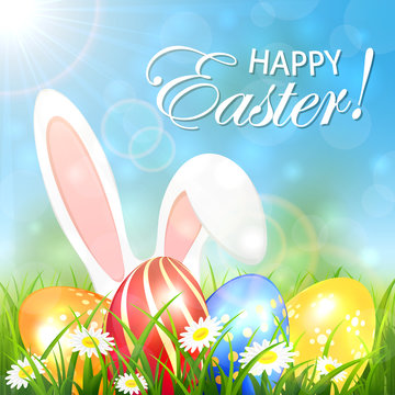 Spring background with colored Easter eggs and rabbit
