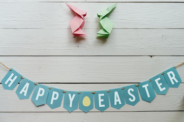 Happy easter banner lettering. Holiday postcard template. Space for text, copy.