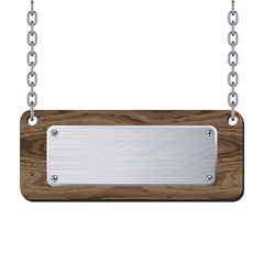 Metal plate on wooden plank hanging on chain. Vector illustratio