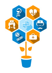 Naklejka premium Trendy flat medical icons with shadow. The concept of a flower, a hexagon with medical icons. Colors: blue, orange, white. Vector illustration A4 size