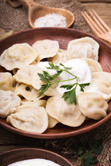 Fototapeta na wymiar Homemade meat dumplings with sour cream and parsley