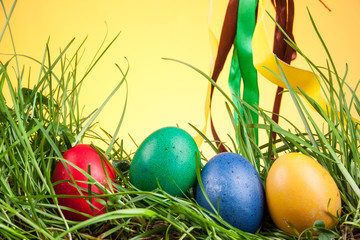 Easter colored eggs in the grass