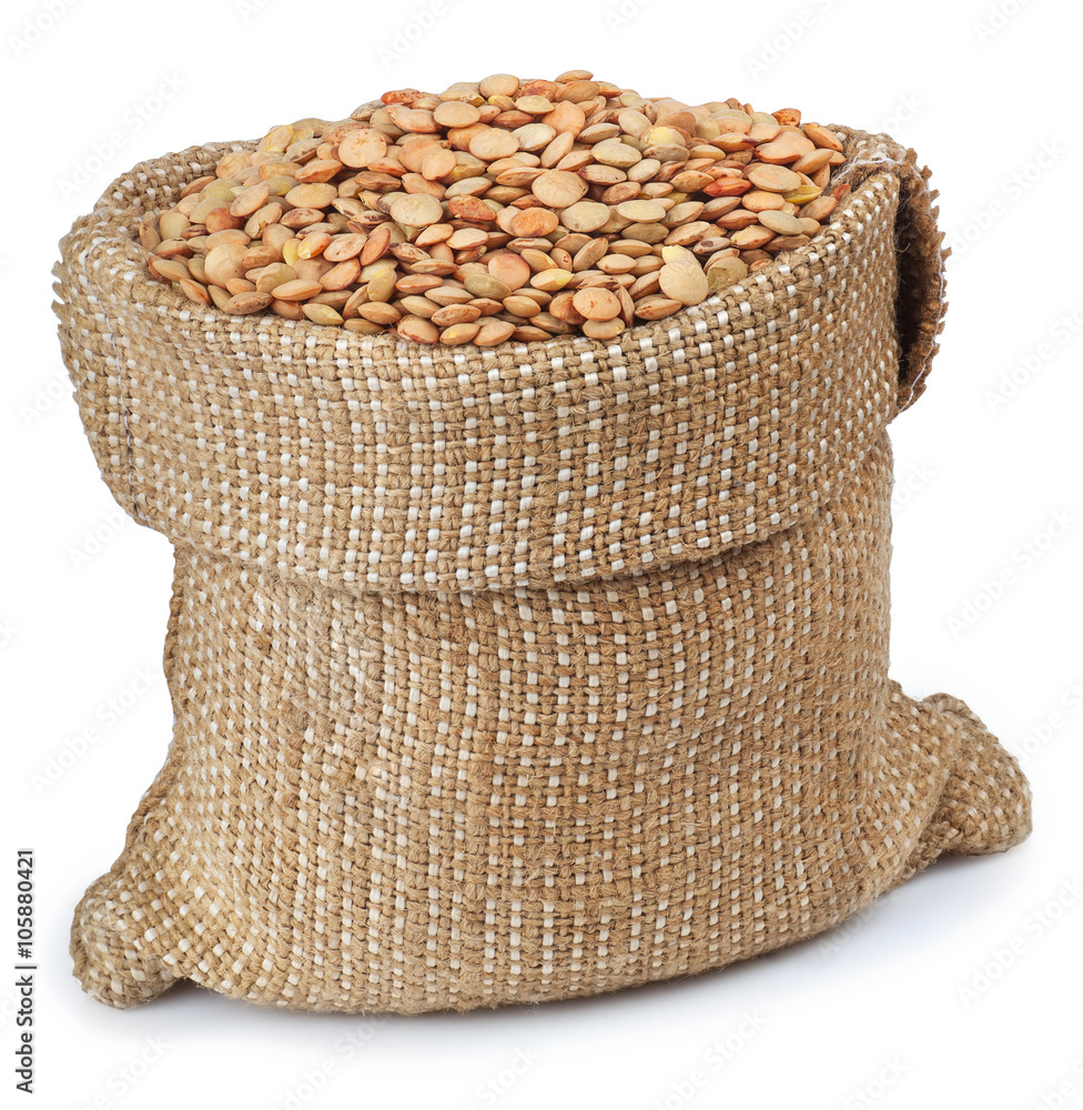 Wall mural lentils in bag isolated on white background